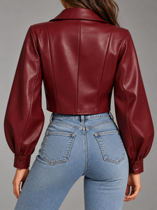 Women’s <b>Burgundy</b> Lambskin <b>Leather</b> <b>Jacket</b> Cropped Zip Front Long Sleeve Fashion Outerwear - Product Image 6