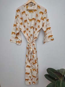 Bata Kimono de Algodón Suave con Estampado de Bloques y Dibujos Animados Naaz para Mujer, Camisón de Verano Hecho a Mano ODM con Cuello en V, Cintura Elástica y Largo hasta la Rodilla - Product Image 2