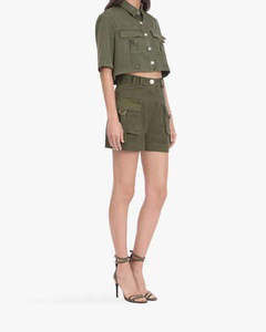 Women Waist Olive Green Cargo Denim Shorts With <b>Large</b> Pockets And Metal <b>Rings</b> Casual Summer Style - Product Image 5