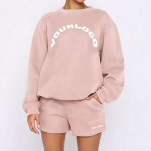 <b>Women</b> 2 Piece Fleece Sweatshirt Set Pink Crew Neck <b>Long</b> Sleeve Loose Fit Casual <b>Shorts</b> Letter Print Spring Summer - Product Image 1