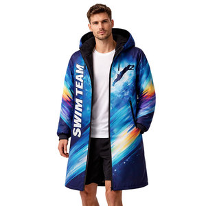 Parka de Natación de Alto Rendimiento con Forro Polar Cálido, Exterior Impermeable, Diseño Abstracto Azul, con Capucha y Corte Largo - Product Image 3