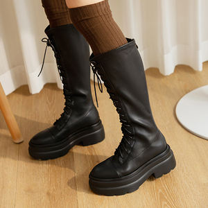 Bottes de combat montantes Ann'S pour femme, plateforme 7,5 cm, fermeture éclair, tige en cuir véritable, semelle épaisse, talon rembourré, toutes saisons - Product Image 1