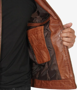 <b>Men's</b> Brown PU Motorcycle Jacket <b>Turtleneck</b> Collar Zipper Closure Casual Winter Wear Regular Fit Solid Color Eco-friendly Front - Product Image 6