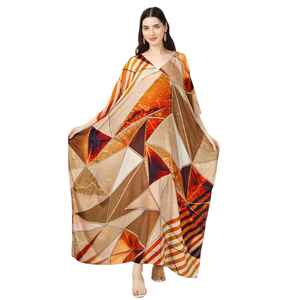 Robe Kaftan Courte pour Femme – Imprimé Paon Ethnique Jaune et Vert, Tunique Ample Festive - Product Image 1