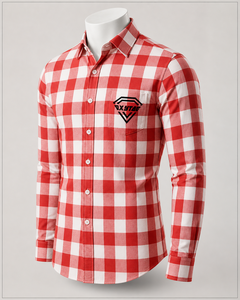 Camisa a cuadros roja y blanca premium personalizada para hombre, de manga larga, de algodón, con botones, de franela, con bolsillo, informal, de corte ajustado. - Product Image 1