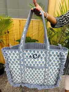 Cotton Quilted Frill Tote bag woman stylish marketing shoulder tote bag personalized bride <b>name</b> tote bag boho floral tote bag - Product Image 3