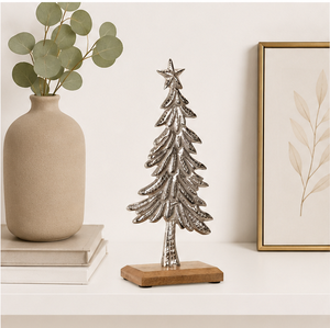 Handmade Modern Silver Embossed Metal Christmas <b>Tree</b> Sculpture with Sturdy Wooden Base Elegant <b>Tabletop</b> Holiday Decoration - Product Image 2