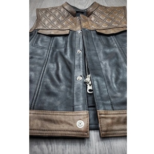 Custom Genuine Cowhide Leather Motorcycle <b>Vest</b> <b>Men's</b> <b>Black</b> Brown Quilted Shoulder Zip Front Biker Riding Waistcoat - Product Image 2