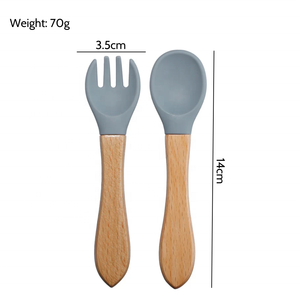 Juego de alimentación por succión de silicona para bebé, cuchara y Forl sin BPA con mango de madera - Product Image 2