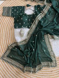 Sari de Seda Verde Esmeralda con Bordado Dorado, Traje Tradicional de Boda para Mujer, Estilo Étnico de India y Pakistán, para Todas las Temporadas - Product Image 5