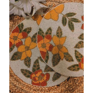 FAIZA CRAFT Handmade Embroidered Beaded <b>Table</b> <b>Runner</b> with Floral Scroll Pattern Brown <b>and</b> White <b>Placemat</b> - Product Image 5