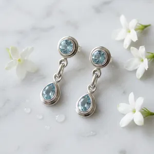 Pendientes Colgantes de Plata de Ley 925 con Topacio Azul para Mujer, Engaste de Bisel, Gema Redonda y en Forma de Pera - Product Image 3