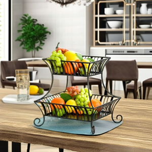 Nouveau design Panier de rangement pour fruits en métal à 2 niveaux Support de cuisine noir incurvé avec tapis de protection pour les collations au pain de fruits frais et les légumes - Product Image 1