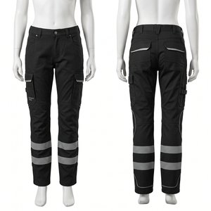 Pantalon de travail unisexe coupe droite en velours côtelé 260 GSM, coton et polyester, imperméable, respirant, bleu marine, avec empiècements réfléchissants sur les jambes, style cargo - Product Image 4