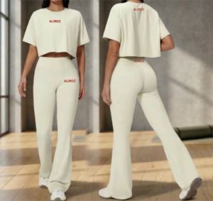 Ensemble de yoga 2 pièces uni pour femme, haut ample et pantalon taille haute, séchage rapide, respirant, en Spandex/Nylon, pour la course, le sport et la gym - Product Image 1
