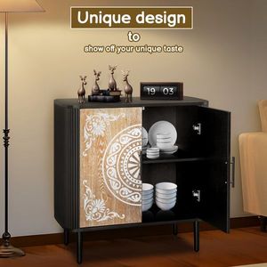 FCH Carved Pattern MDF Sideboard High Feet Oval Tabletop Curved Side Frame Door Panel Spray Painted Cabinet Body Polished - Product Image 6