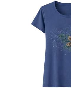 Camiseta de Algodón Azul Acero para Mujer con Estampado Floral de Pedrería, Manga Corta Casual, Top de Verano, Fabricante Personalizado, Suministro de Fábrica OEM - Product Image 3
