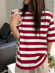 Women <b>Red</b> White Striped Short Sleeve ONeck <b>TShirt</b> Loose Fit Casual Top Spring Summer 100% Cotton Knitted Breathable Daily Wear - Product Image 3