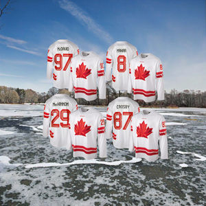 Maillot de hockey sur glace pour hommes en polyester/coton, blanc, rouge, noir, numéros 97 Connor McDavid, 29 Nathan MacKinnon, 8 Cale Makar – Vente en gros - Product Image 2