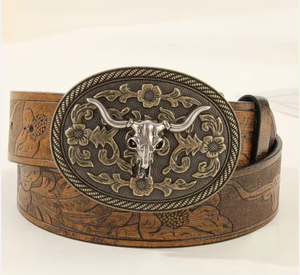 Vintage Western PU Leather <b>Belt</b> Embossed <b>Cowboy</b> <b>Belt</b> Plate <b>Buckle</b> Brown Casual Jeans Wear - Product Image 2
