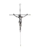 Crucifix mural traditionnel en métal avec figurine de Jésus en argent et croix rouge foncé, décoration intérieure pour salon, usage religieux