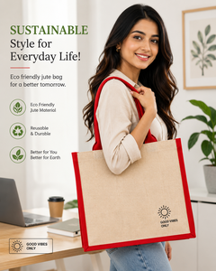 Sac fourre-tout en jute écologique, petit format, avec bordure rouge, imprimé « Good Vibes Only », poignée supérieure, idéal pour les courses au supermarché - Product Image 5