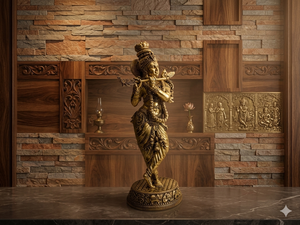 Handmade Brass Lord Krishna Statue Wax Casting Flute Playing | Antique Finish Brass Krishna Murti-Nirmala Handicrafts Rajasthan - Product Image 4