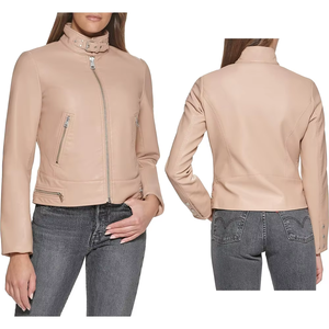 Chaqueta de moto de piel sintética beige para mujer, con cuello alto, hebilla y cremallera, estilo biker, corta, para otoño - Product Image 5