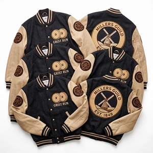 OEM Custom Varsity Letterman Jacket Wool Leather Sleeves Chronometer Guild Marine Embroidery Fusee Drive Patch Slate <b>Grey</b> <b>Coat</b> - Product Image 5