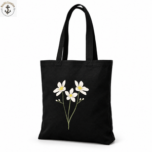 White Floral Print <b>Canvas</b> Tote with <b>Long</b> Handles | Black Botanical Shopping Shoulder Bag for Everyday Carry Daily Use and Travel - Product Image 1