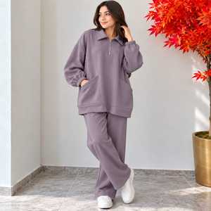 Ensemble survêtement décontracté pour femme, écologique, respirant, couleur unie, sweat-shirt oversize à demi-zip et pantalon large, coupe ample - Product Image 4