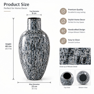 Vase en verre conique avec incrustation de mosaïque en marbre gris, décoration de table contemporaine faite à la main pour la maison - Product Image 2