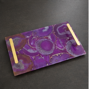 Rectangular Purple Marble <b>Storage</b> Tray With Gold Handles Modern Design Living Room <b>Tabletop</b> Accessory - Product Image 2