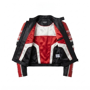 Mens Red Black Leather Motorcycle Biker <b>Racing</b> <b>Jacket</b> Custom Color Block Panel Stand Collar Zip Up Slim Fit Streetwear Coat - Product Image 5