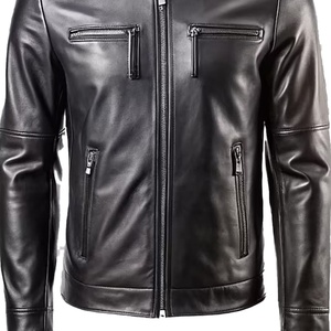 Chaqueta de moto de cuero genuino negra para universidad, abrigo de motociclista con cuello alto, OEM, cuatro bolsillos, corte ajustado, ropa exterior - Product Image 5