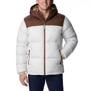 <b>Men</b> <b>White</b> Brown Color Block Hooded <b>Puffer</b> <b>Jacket</b> Windproof Winter Warm Insulated Zipper Closure Casual Outdoor Coat - Product Image 4