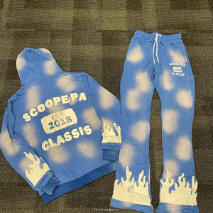 Conjunto de chándal de dos piezas para hombre con cremallera, de algodón, con efecto desgastado por el sol, con logo personalizado del fabricante, sudadera con capucha y pantalón de chándal extragrande - Product Image 2