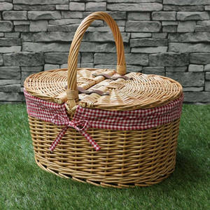 Oval Woven <b>Wicker</b> Picnic <b>Basket</b> Red Plaid Fabric Lining Handcrafted Rattan Fruit Food <b>Storage</b> Hamper Fixed High Handle Outdoor - Product Image 4