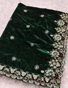 Dark Green Velvet Bridal Dupatta Embroidered Border Solid Pattern Winter Wrap Ethnic Wedding Party Favor Ramadan Diwali - Product Image 3