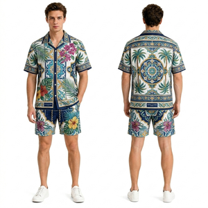 Conjunto de Shorts Hawaianos Casuales Ligeros de Poliéster de Alta Calidad con Estampado Moderno de Rayas Teal - Product Image 4