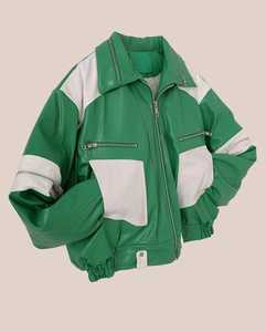 Veste décontractée pour homme en cuir véritable vert respirant, avec blocs de couleur, col rabattable, fermeture éclair, longueur et manches standard - Product Image 2
