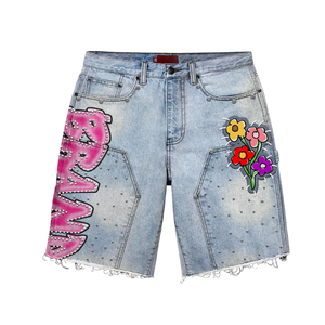 <b>Custom</b> Logo DTG Printed Breathable Summer Streetwear Designer Cotton Crop Top T-Shirt Shorts Set Jeans <b>Denim</b> Pants Men High - Product Image 3