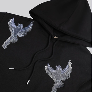 Sweat-shirt à capuche noir pour homme, motif oiseaux brodés de sequins, coupe oversize, décontracté, en coton tricoté, pull d'hiver avec poche - Product Image 2
