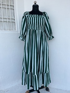Women Green <b>White</b> Striped Cotton <b>Maxi</b> <b>Dress</b> Smocked Square Neck Ruffle Sleeve Boho <b>Summer</b> <b>Dress</b> Wholesale Ladies <b>Dresses</b> - Product Image 1