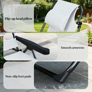Sedia a Sdraio Pieghevole Bianco Crema per Esterni, Sedia da Spiaggia per Relax - Product Image 4