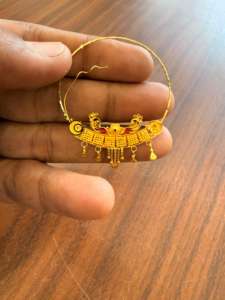 Anillo de nariz de oro macizo de 22k, joyería nupcial tradicional india, diseño de aro con esmalte floral de pavo real, tamaño grande, alambre para perforación. - Product Image 5