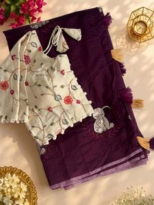 Sari en soie brodé pour femme, avec chemisier Khadi cousu, pallu à franges, tenue ethnique traditionnelle, sari moderne à séchage rapide, robe de fête - Product Image 6