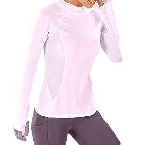 Women's Hooded Long Sleeve Mesh Panel Moisture Wicking Fitted Athletic <b>Top</b> Solid White Summer Breathable Quick Dry - Product Image 6