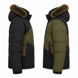 Veste d'hiver décontractée en velours côtelé pour homme, avec capuche amovible en fausse fourrure, logo frontal, rembourrage en duvet, imperméable et coupe-vent, vente en gros - Product Image 2