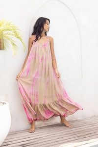 Maxi Dress Beach <b>Kaftan</b> Tye-Die Brown Soft Cotton A-Line Silk Lining Goddess Summer Resort Wear Gift Her Loose Fit <b>Plus</b> <b>Size</b> - Product Image 5